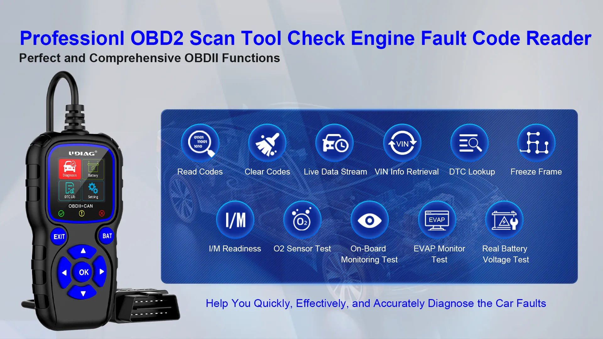 OBDII scanner supporting full 10 test modes for complete system analysis