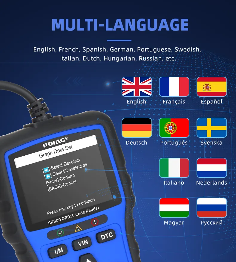 Multilingual OBDII diagnostic scanner for global users