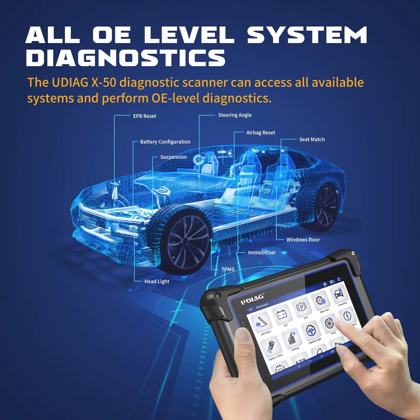 X-50 auto diagnostic scan tool provides OE-level diagnostics for all vehicle systems, providing precise fault codes and real-time data.
